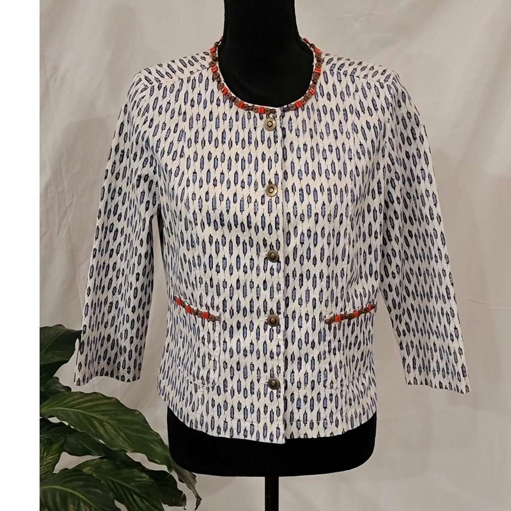 Ruby Rd Petite Blue White Ikat Print Beaded Button‎ Front Jacket 12P 3/4 Sleeve